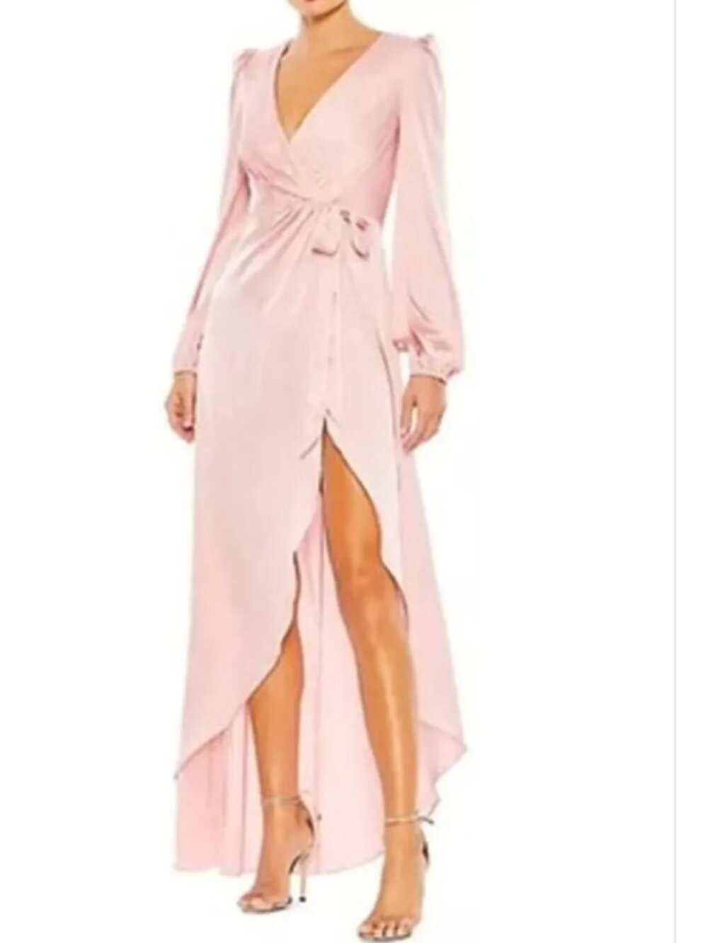 Ieena For Mac Duggal 55624 Dress Satin Slit Wrap Long Sleeve Rose Pink NWT 0